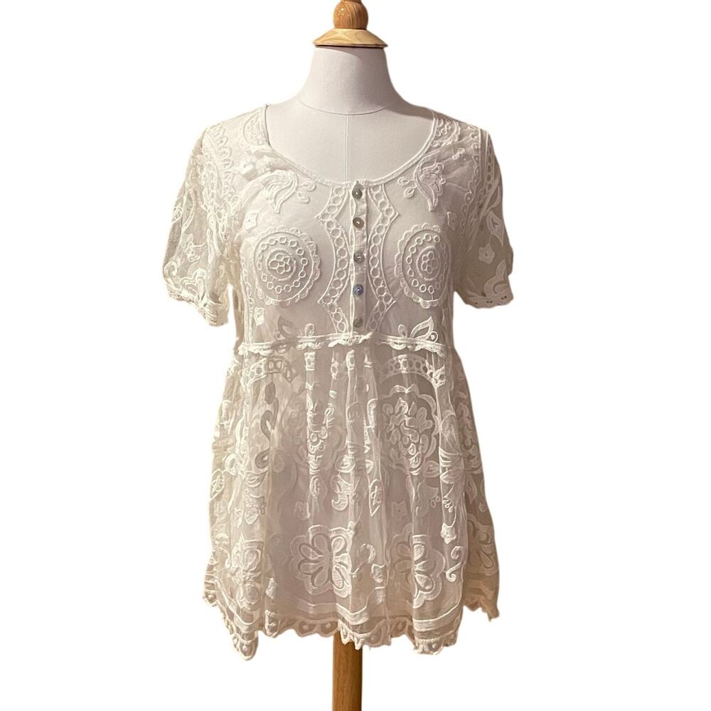 Davi & Dani Cotton Blend Ivory Sheer Lace Babydoll Top, Coquette, Romantic, S